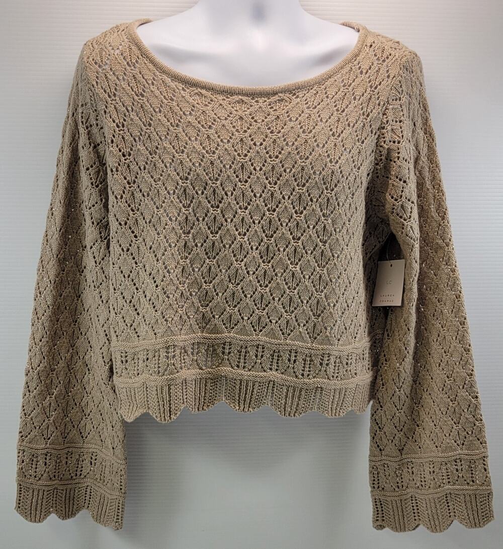 L2) LC Lauren Conrad Women Crotchet Style Bell Sleeve Pointelle Sweater XL Beige